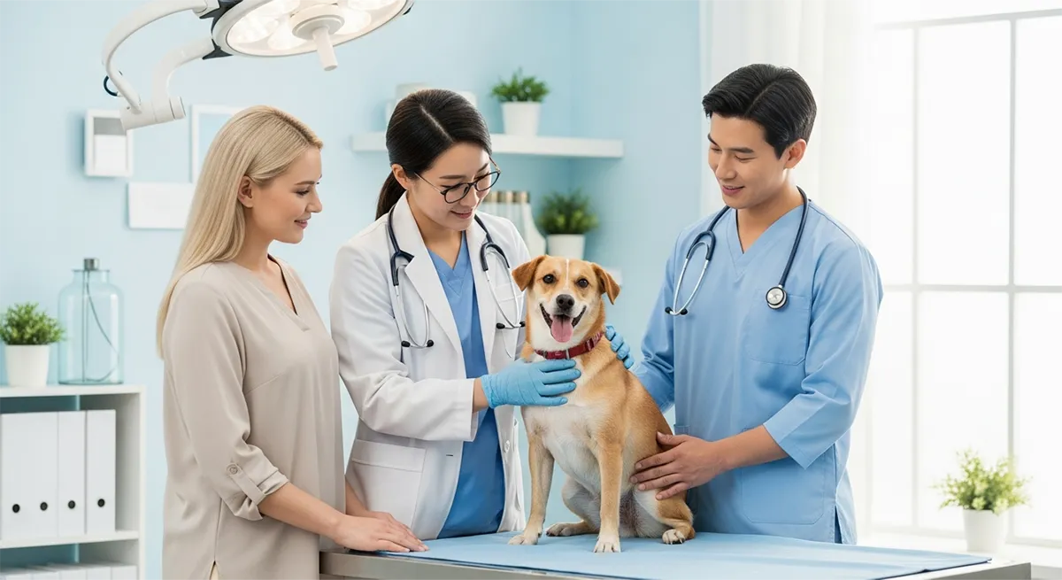 Veterinarian calmly examining a dog during a routine pet emergency checkup.