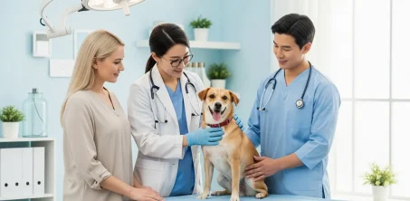 Veterinarian calmly examining a dog during a routine pet emergency checkup.